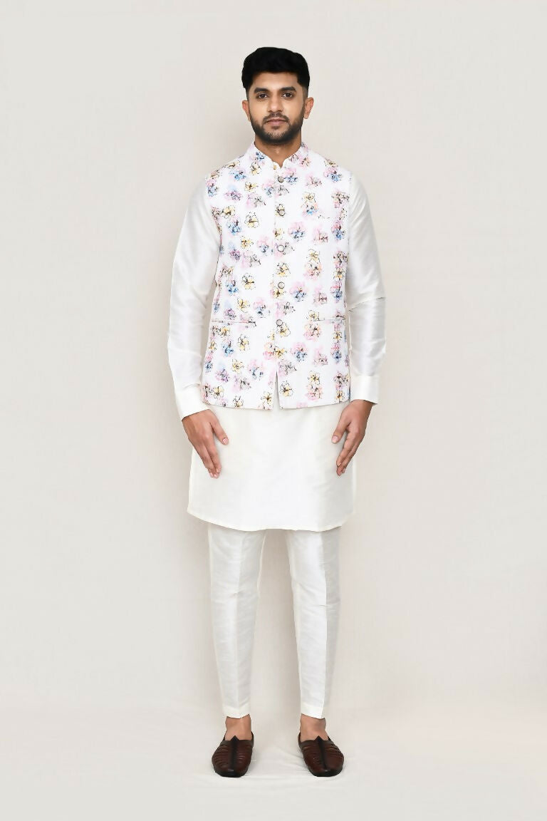 Joban Fashion White Colored Art Silk Fabric Kurta, Jacket With Straight Fit Pant | Grocsy