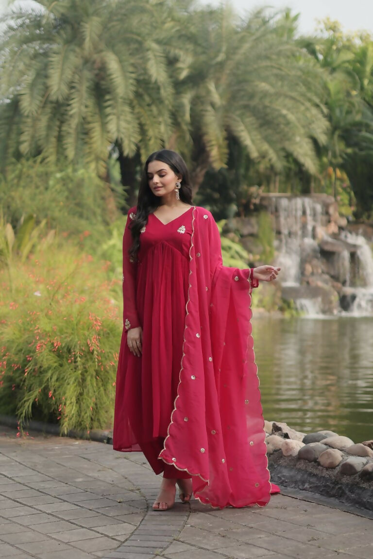 Jyoti Fashion Women's Pink Faux Blooming Embroidered Kurta with Trouser & Dupatta | Grocsy