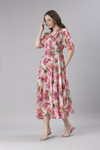 Souchii Cream Floral Chiffon Dress | Grocsy