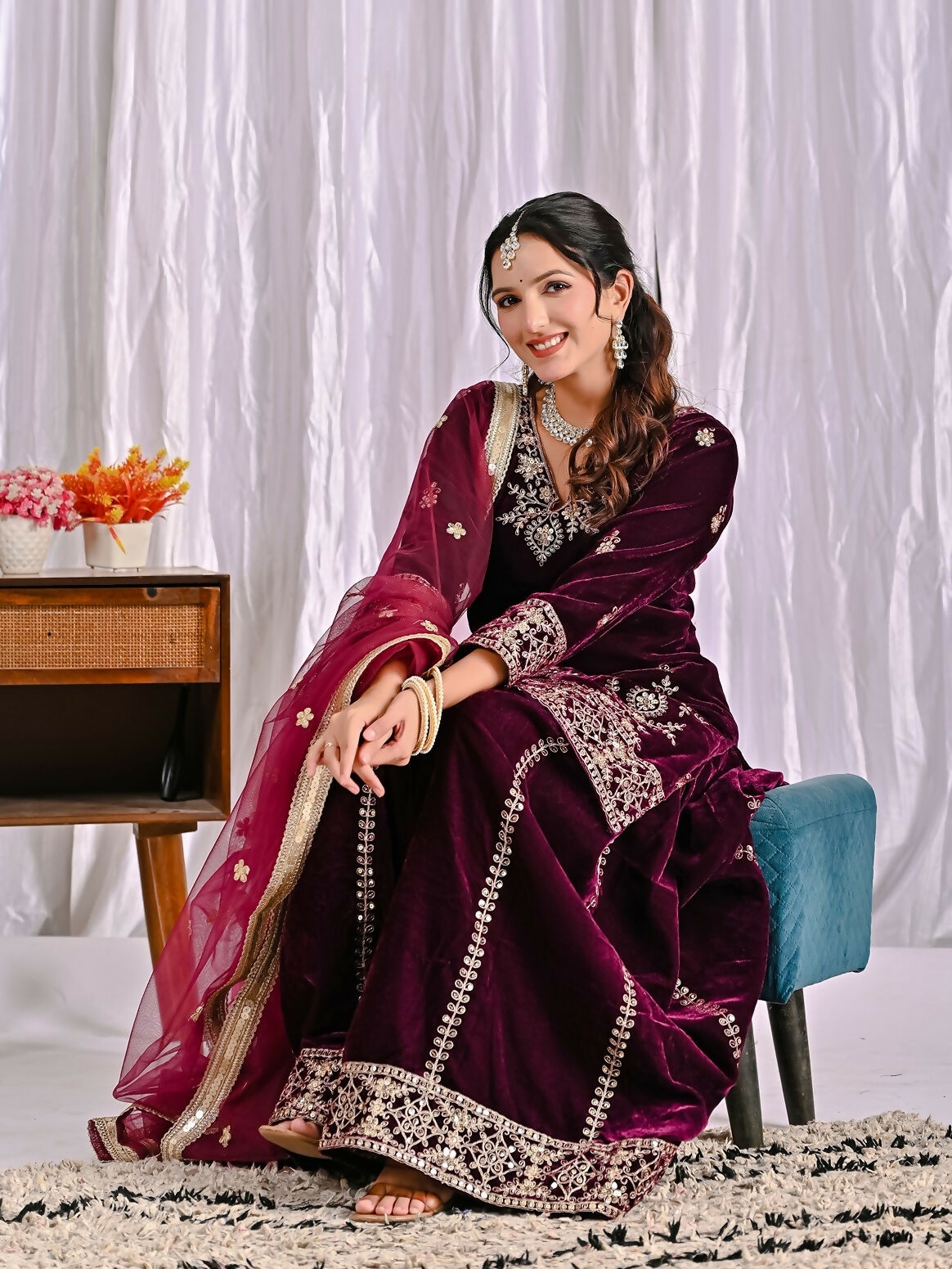 Joban Fashion Wine Velvet Sequence Embroidery Work Kurta Set | Grocsy
