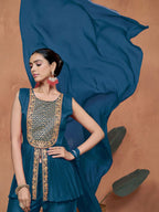Sangria Floral Embroidered A-Line Kurta & Palazzo With Dupatta | Grocsy
