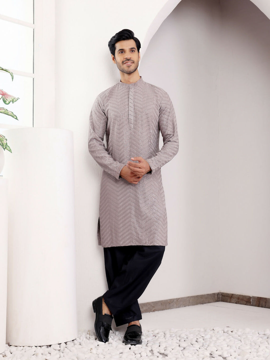 Grey Viscose Designer Chikankari Embroidery Work Men's Kurta - Mahotsav | Grocsy