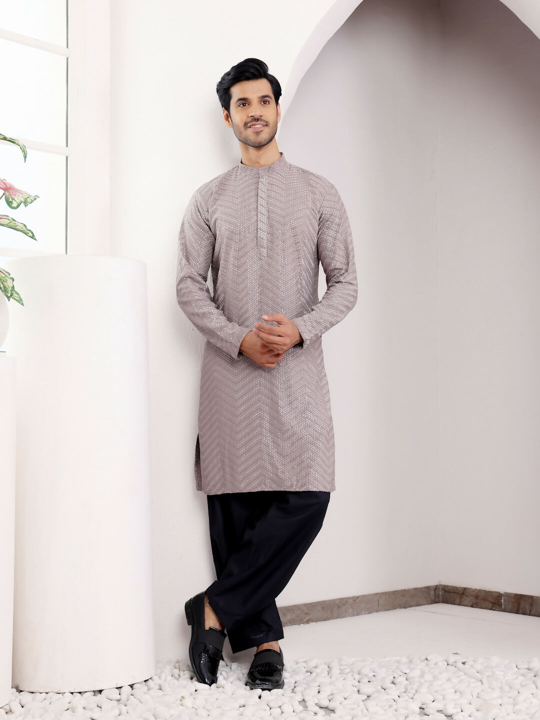 Grey Viscose Designer Chikankari Embroidery Work Men's Kurta - Mahotsav | Grocsy