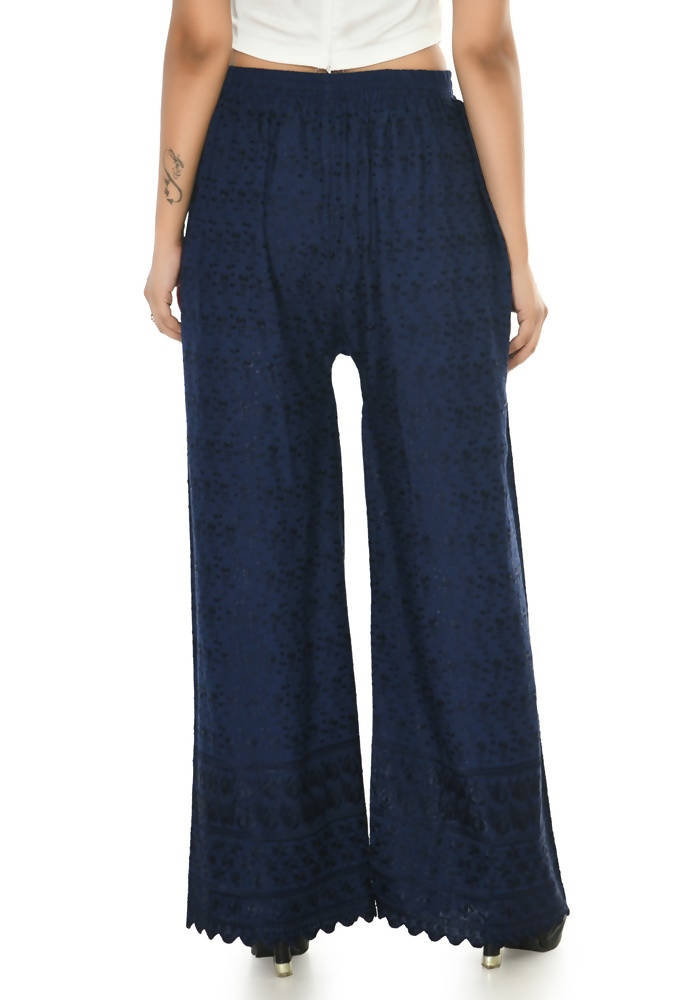 Mominos Fashion Moeza Reyon Cotton Navy Blue Chikan Work Palazzo | Grocsy
