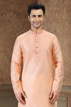Raivat Ethnic Jacquard Banarasi Silk Thread Work Kurta Pajama In Peach Colour | Grocsy