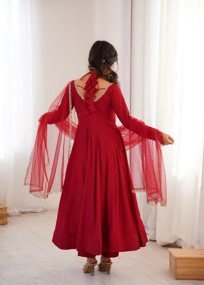 The52 Women's Gorgeous Embroidery Work Roman Silk Chanderi Fabric Flared Anarkali Pant and Dupatta Set-Maroon | Grocsy