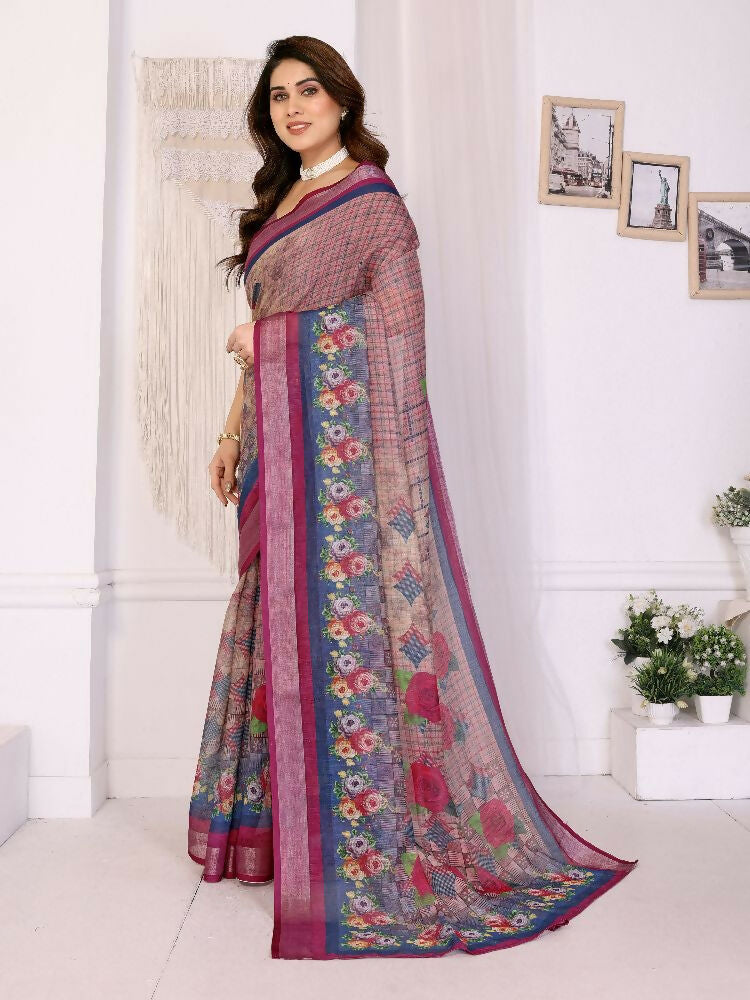 PR Fashion Purple Handloom Linen Cotton Zari Saree | Grocsy