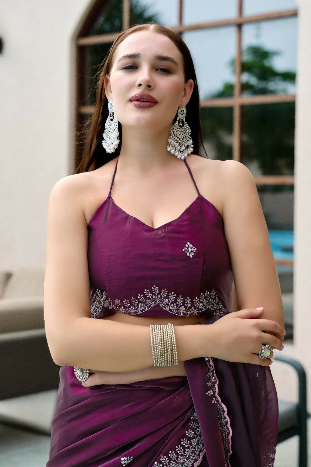 Vastranavya Wine Embroidery Work Shimmer Chiffon Saree with Unstitched Blouse | Grocsy