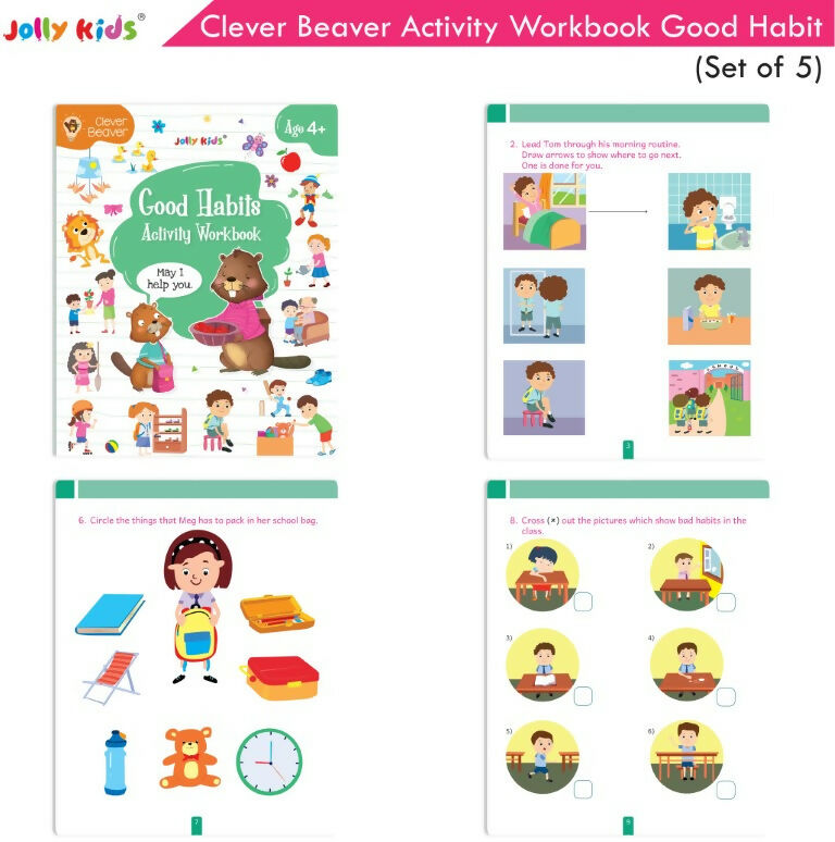 Jolly Kids Clever Beaver Ages 4-5 Years Fun Learning Activities Workbooks Set of 5 | English-Maths-EVS-Good Habit-Logical Reasoning | Grocsy