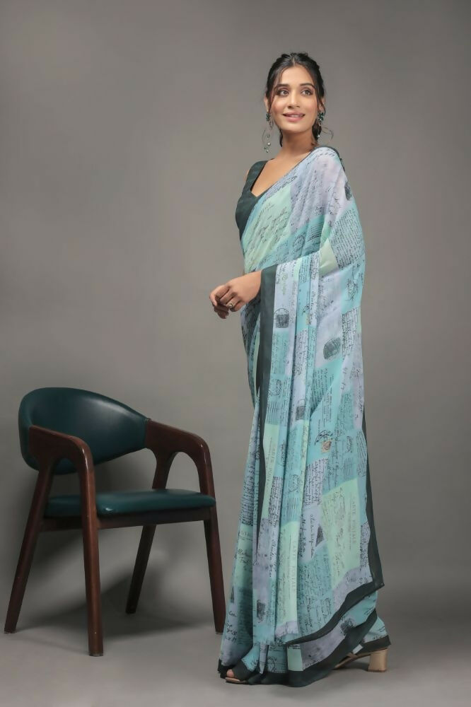 Pista Green Georgette Designer Printed Party Wear Saree - Cinderella | Grocsy