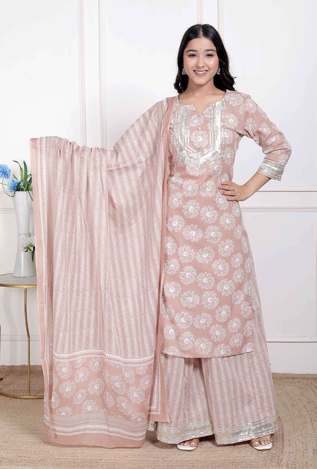 Miravan Women Brown Floral Printed Cotton Straight Ethnic Kurta with Palazzo and Dupatta | Grocsy
