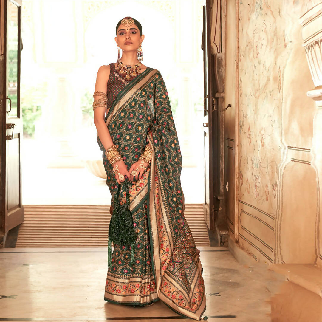 Green Silk With Banarasi Print Work Saree - Trirath Yamuna | Grocsy