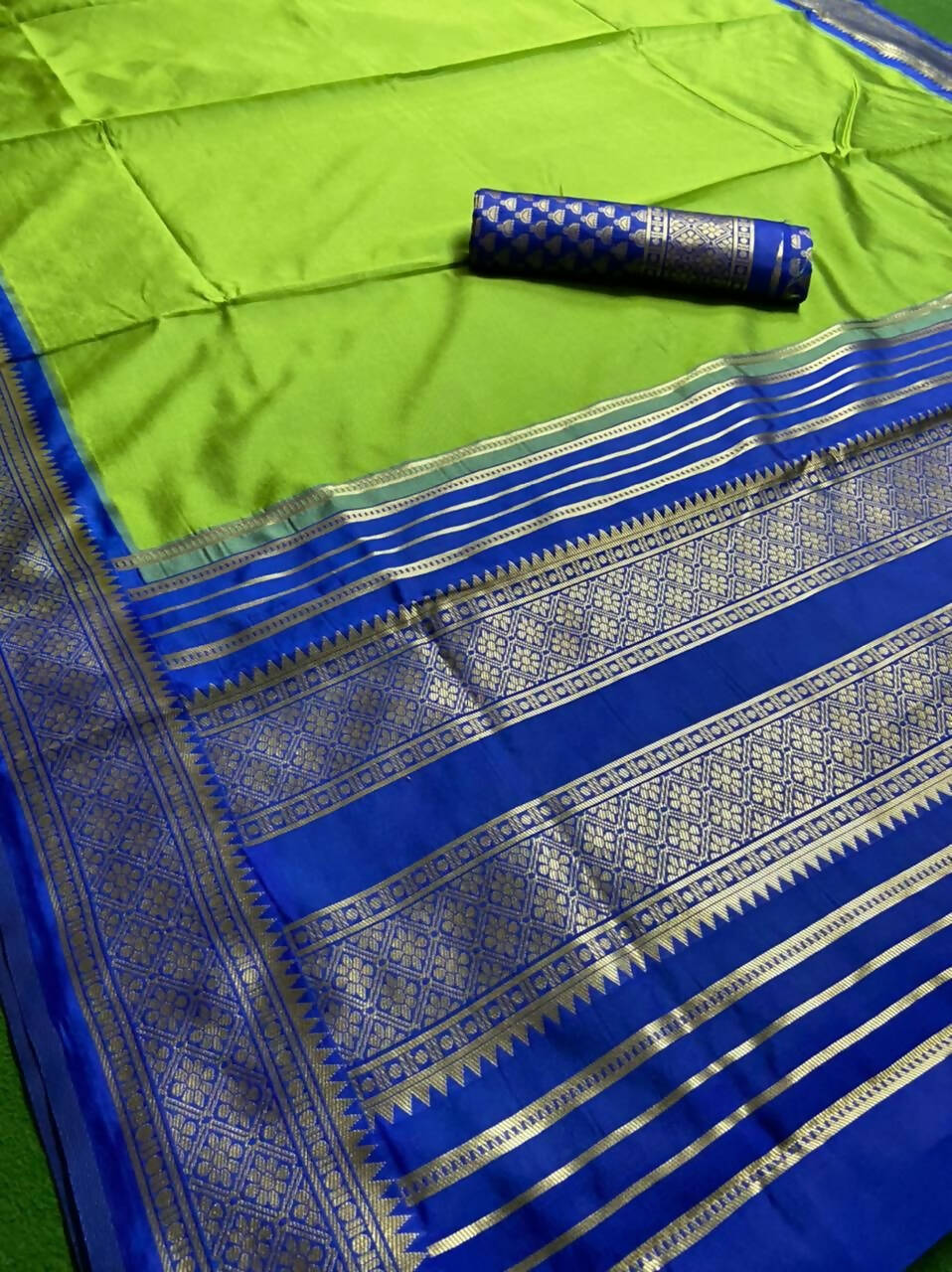 DEIANA'S Beautiful Designer Golden zari Soft Lichi Silk Saree - Mehndi | Grocsy