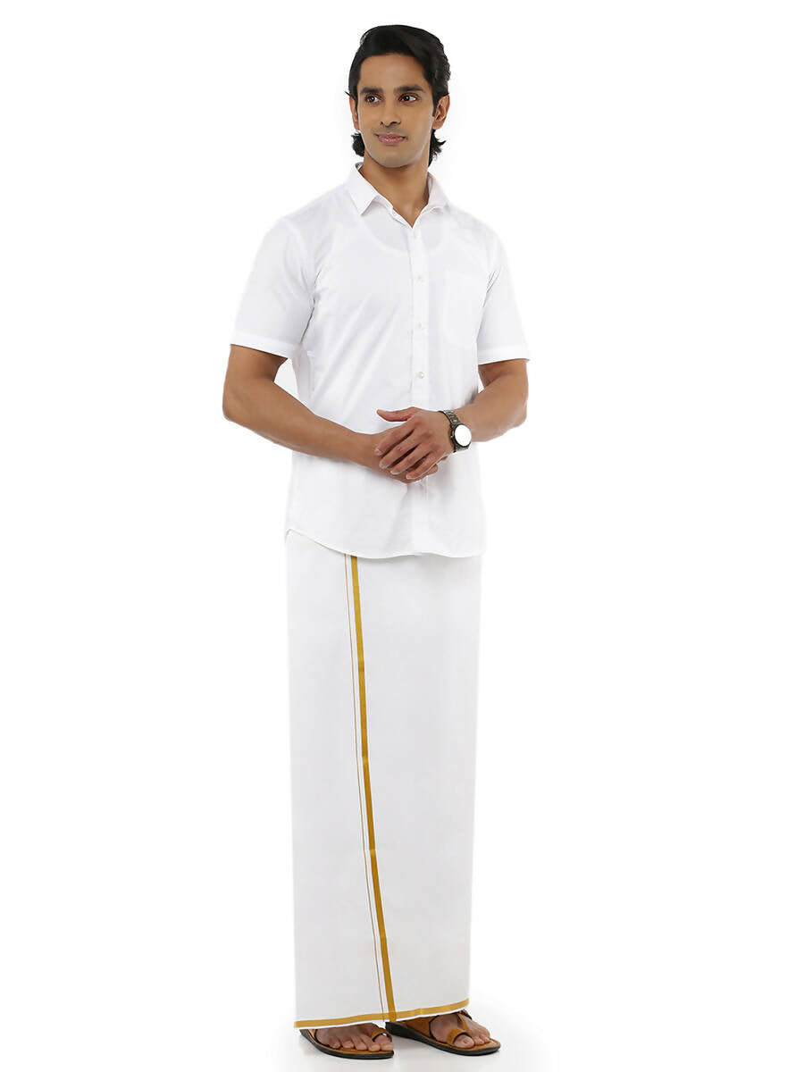 Ramraj Cotton Mens Poly Cotton 1/2" Gold Jari Dhoti - White | Grocsy
