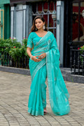 Vastranavya Turquoise Embroidery Work Shimmer Chiffon Saree with Unstitched Blouse | Grocsy