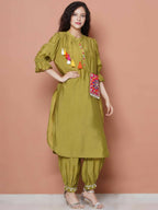 Women Republic Green Art Silk Embroidered Kurta with Afghani Salwar | Grocsy