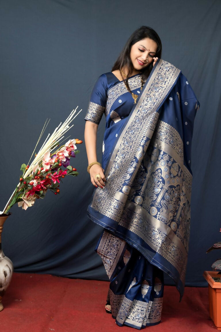 Jyoti Fashion Women's Navy Blue Paithani Silk Zari Woven Saree with Blouse | Grocsy