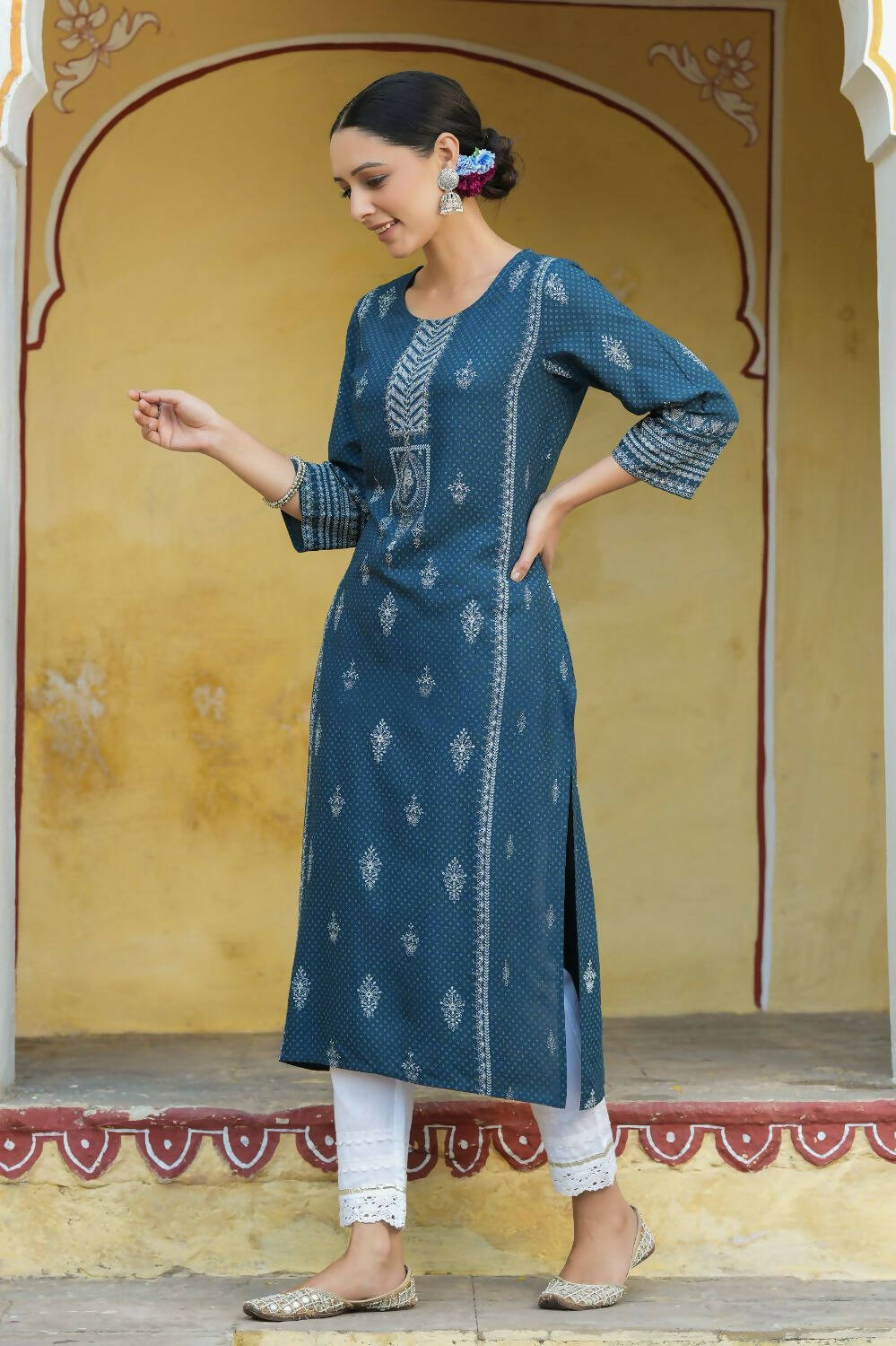 Juniper Women's Blue Rayon Staple Printed Straight Kurta | Grocsy