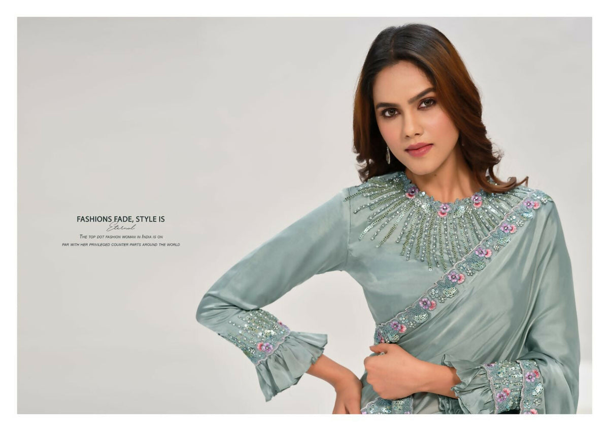 Sea Green Crepe Satin Silk Handwork Saree with Unstitched Blouse - Norita Saanjh | Grocsy