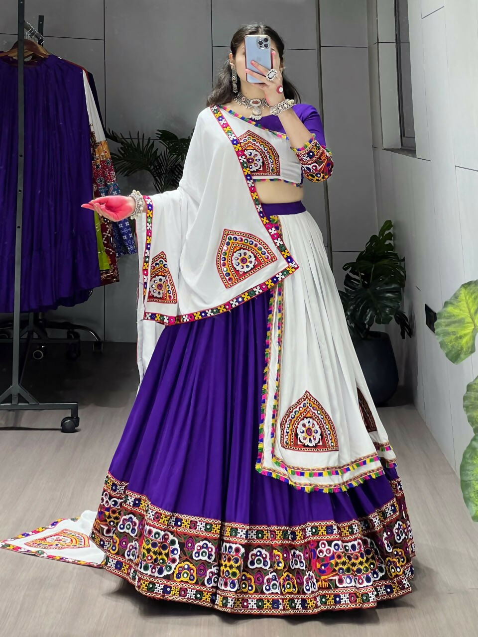 Yash Enterprise Purple White Rayon Cotton Embroidery Semi Stitched Navratri Top Chaniya Choli | Grocsy