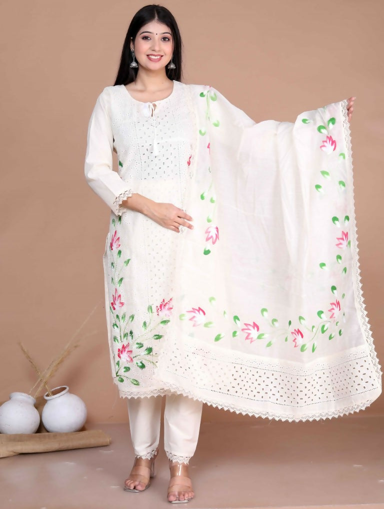 Miravan Women's Cream Hand Block Cotton Pakistani Kurta Palazzo With Dupatta Set | Grocsy