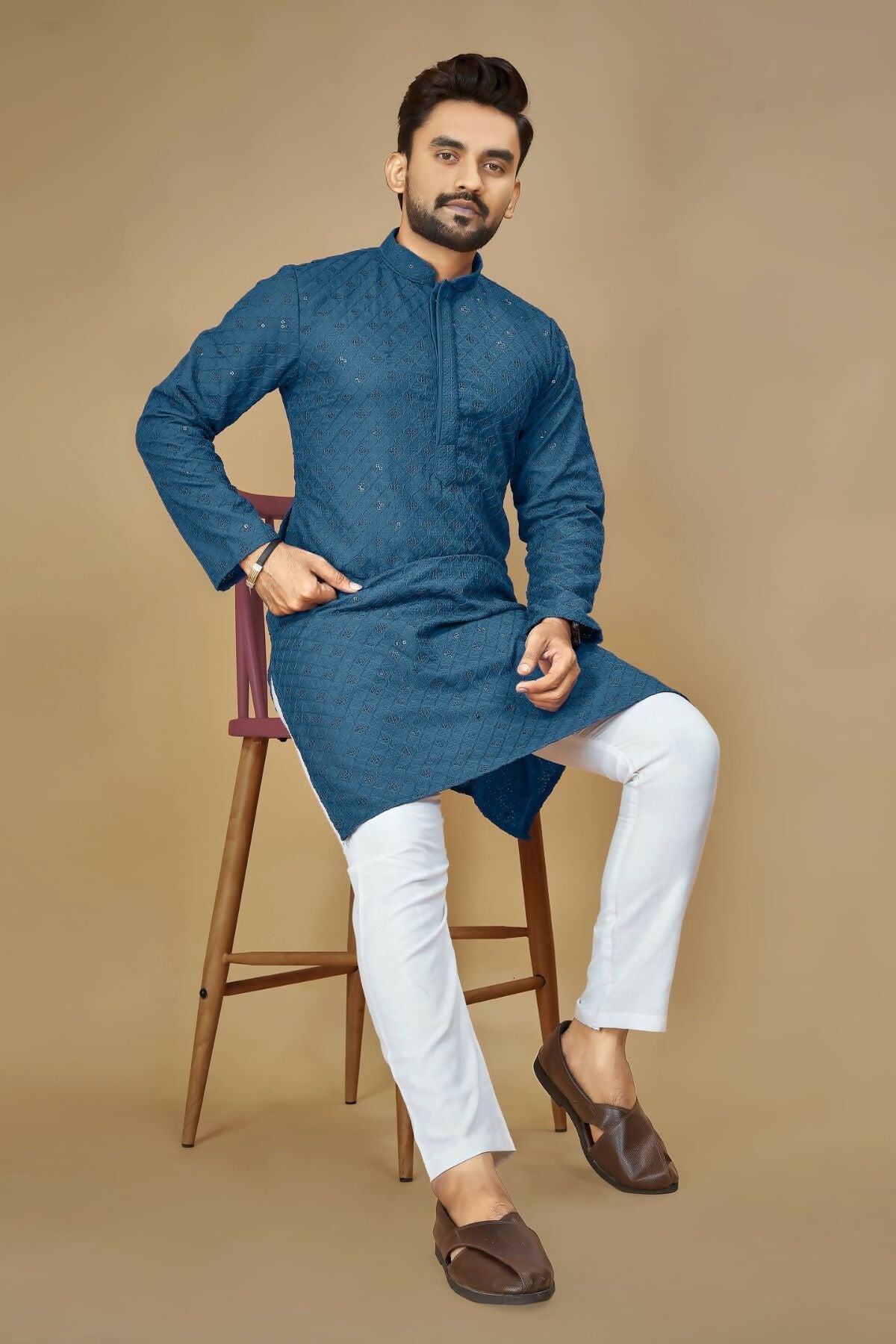 Anaita Teal Embroidered Rayon Straight Kurta | Grocsy