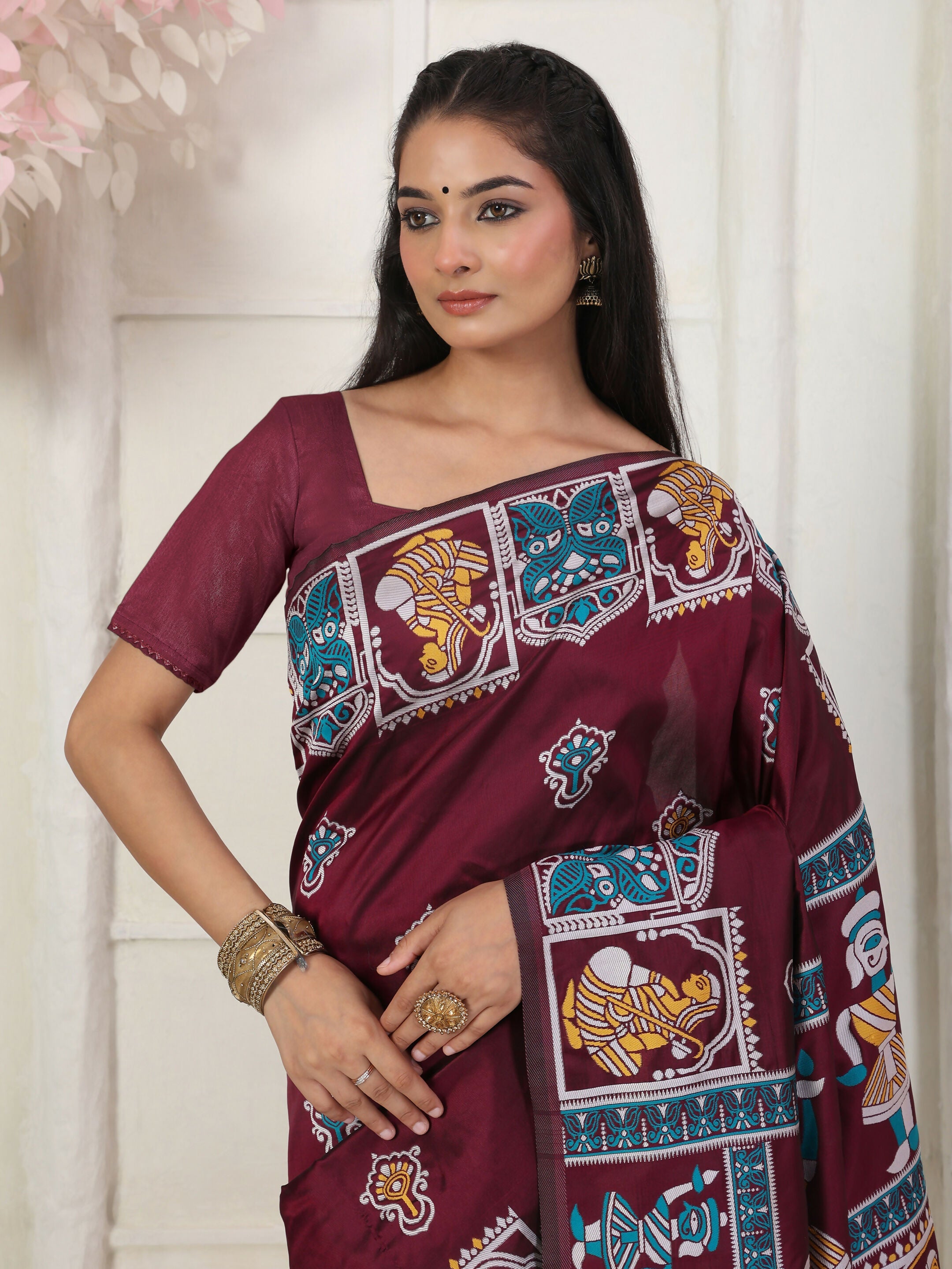 Shree Shyam Fashion Silk Blend Wine Saree | Grocsy
