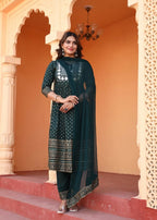 Alvano Women's Embroidery work Print Naira Cut Kurti with Pant and Dupatta set Rayon | Grocsy
