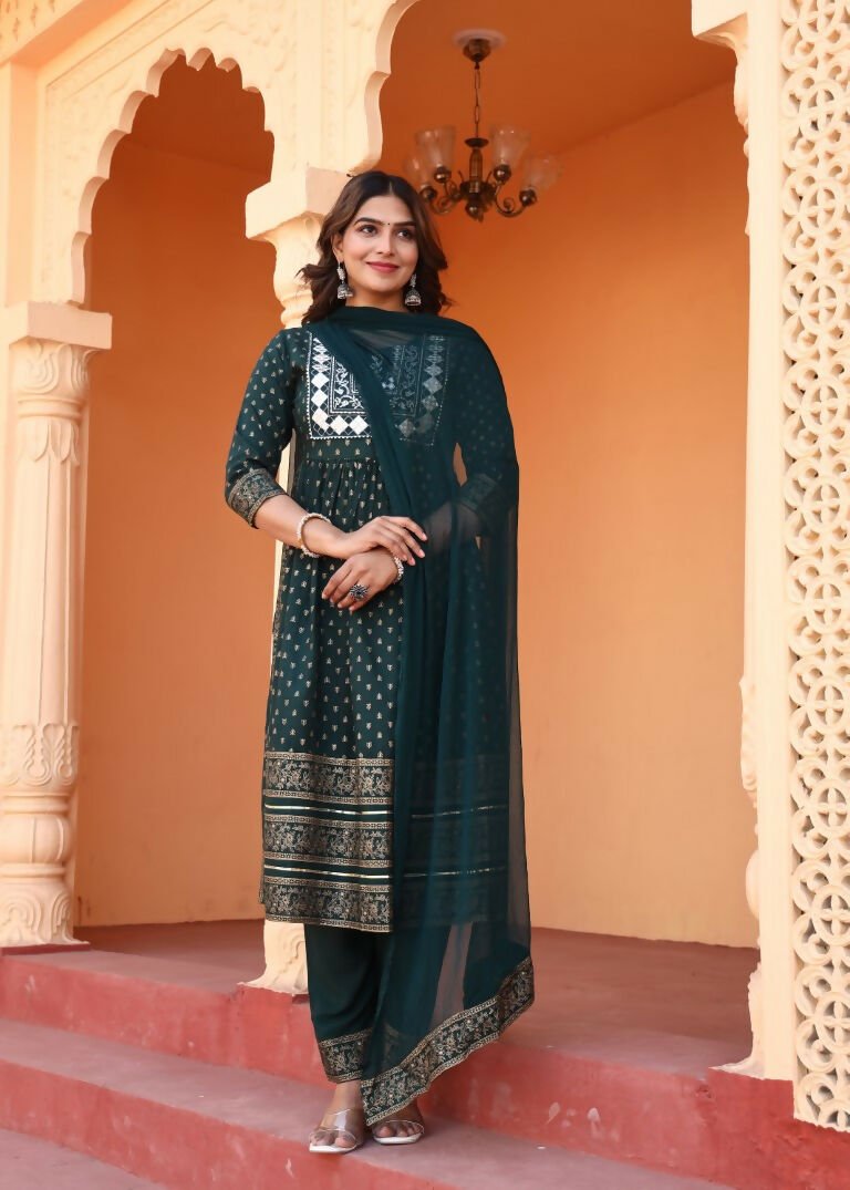 Alvano Women's Embroidery work Print Naira Cut Kurti with Pant and Dupatta set Rayon | Grocsy