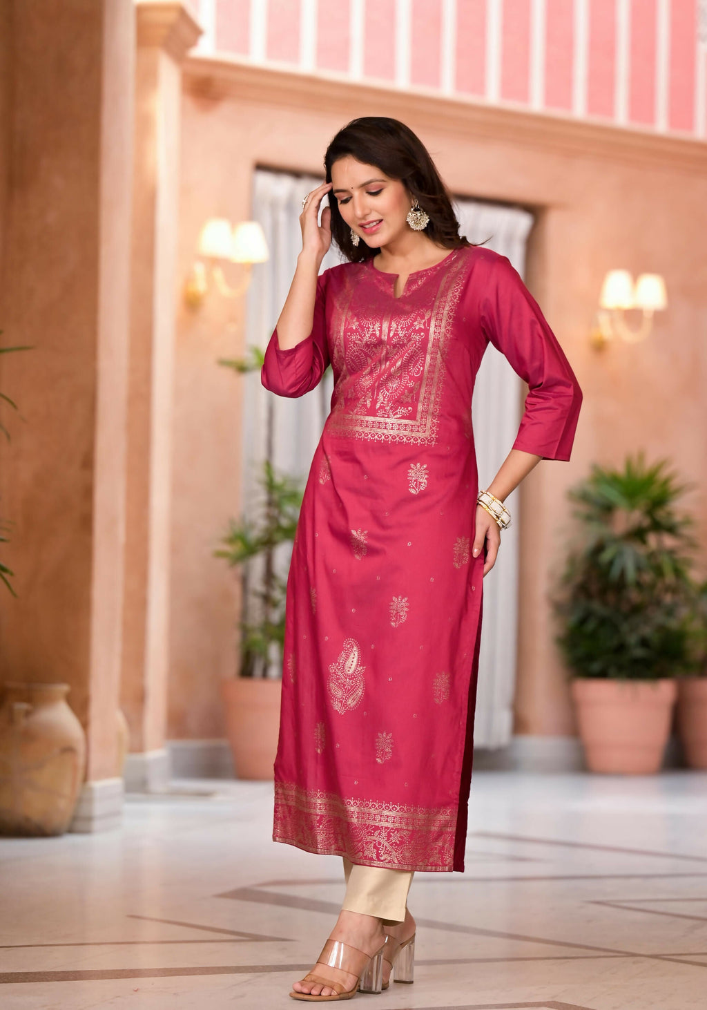 Juniper Women's Maroon Ethnic Motif Printed Cotton Kurta & Pant Set | Grocsy