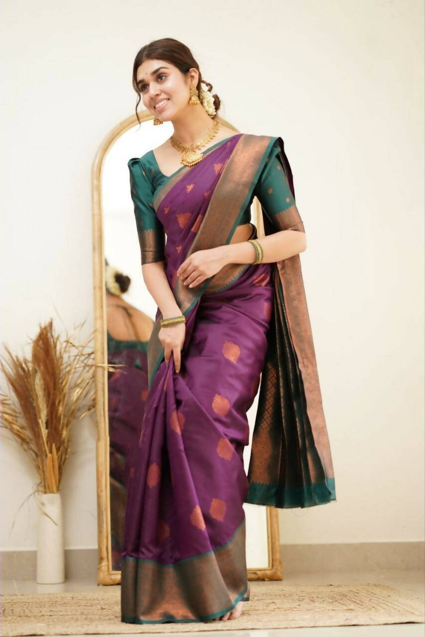 DEIANA'S Beautiful Designer Golden zari Soft Lichi Silk Saree - Purple | Grocsy