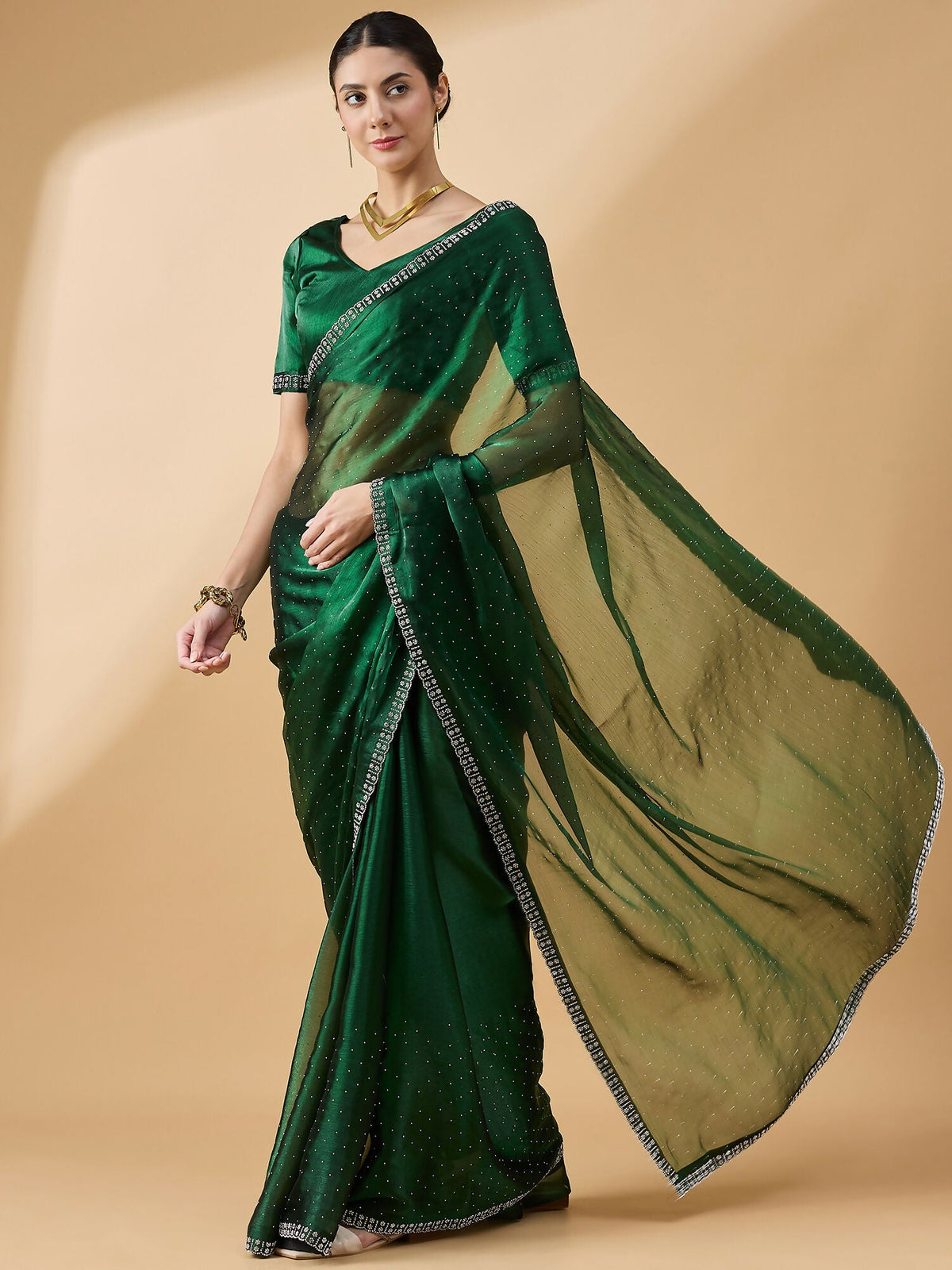 Green Organza Swaroski Diamond Work Saree with Unstitched Blouse - Radha | Grocsy