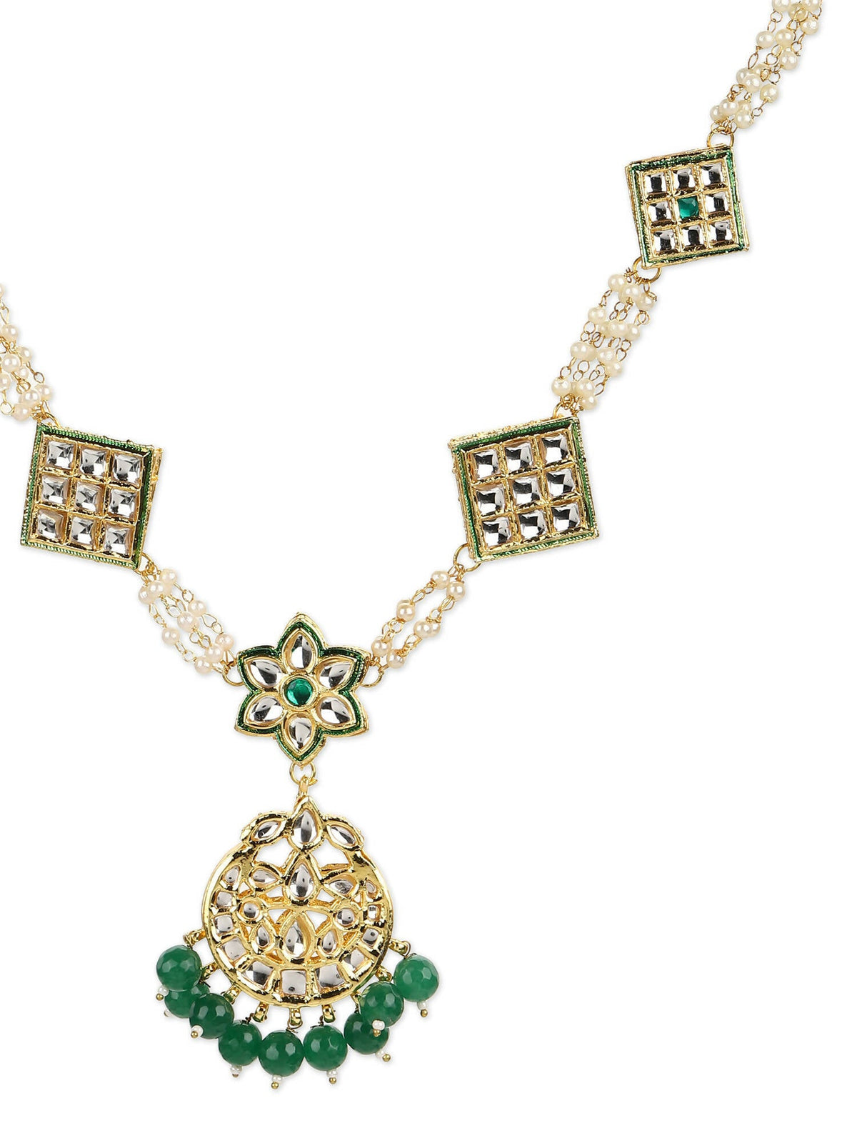 Gold-Polished White Green Kundan-Studded Pearl Beaded Matha Patti - Ruby Raang | Grocsy