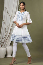Juniper White Cotton Dobby Festive Embroidered Tiered Dress For Women | Grocsy