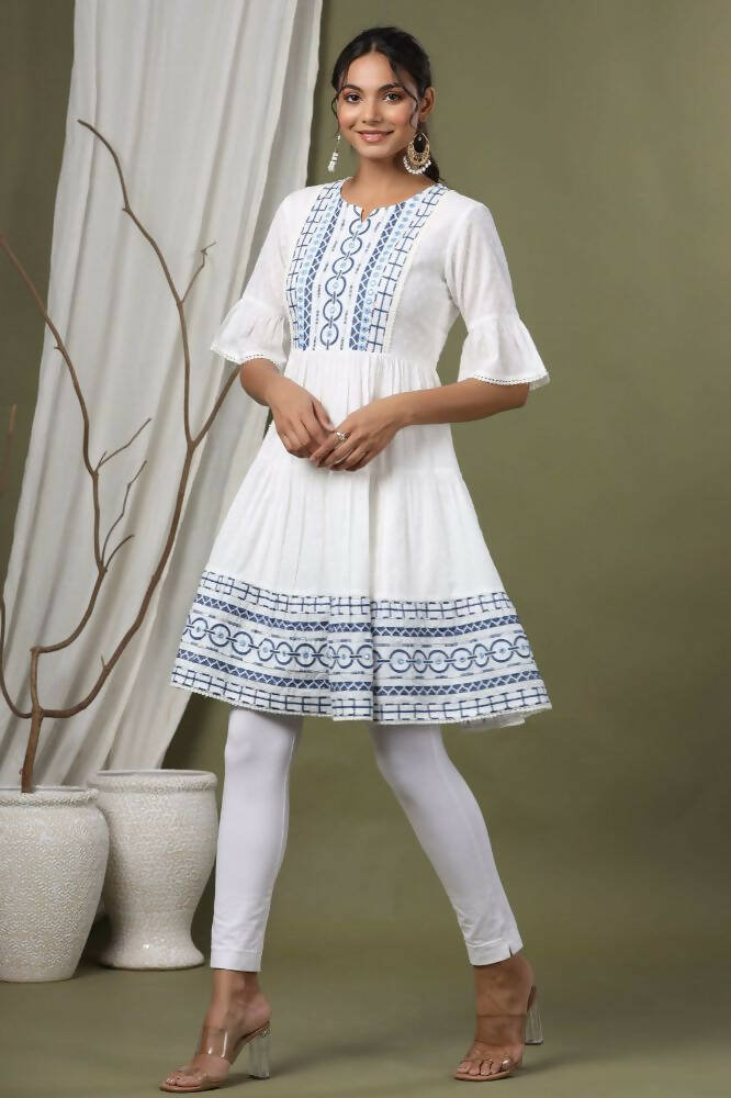Juniper White Cotton Dobby Festive Embroidered Tiered Dress For Women | Grocsy
