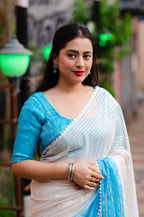 Blue Poly Chiffon Striped Saree with Unstitched Blouse - Hiral Fashion | Grocsy