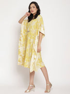 Ahalyaa Women Lime Green & Off White Floral Printed Flared Sleeves Floral Kaftan Kurta | Grocsy