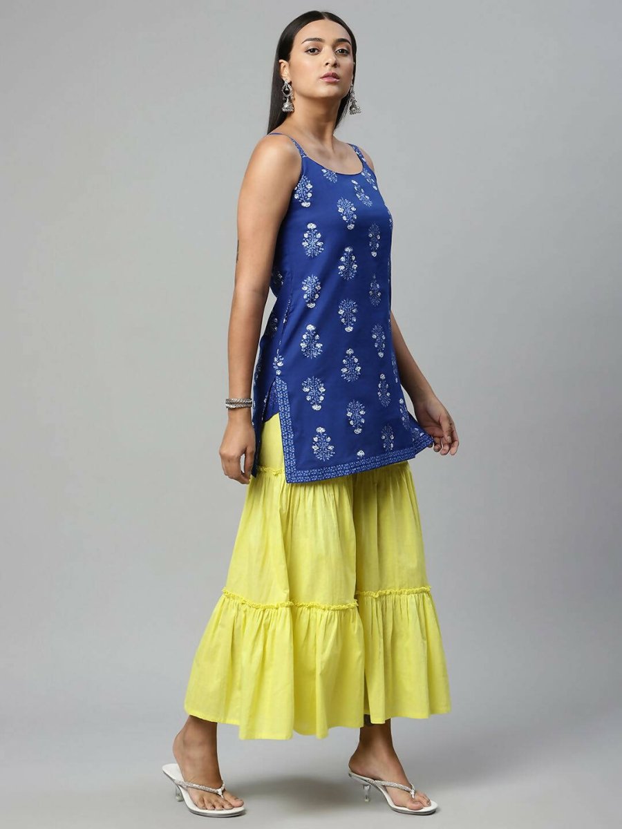 Ahalyaa Womens Royal Blue Pure Cotton Printed Tunic Sharara Set | Grocsy