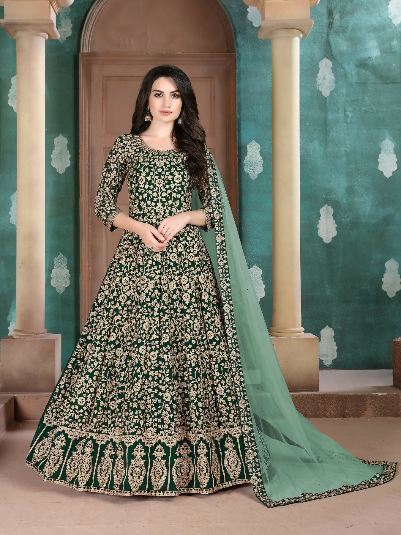 Anaita Green Embroidered Faux Georgette Anarkali Suit | Grocsy