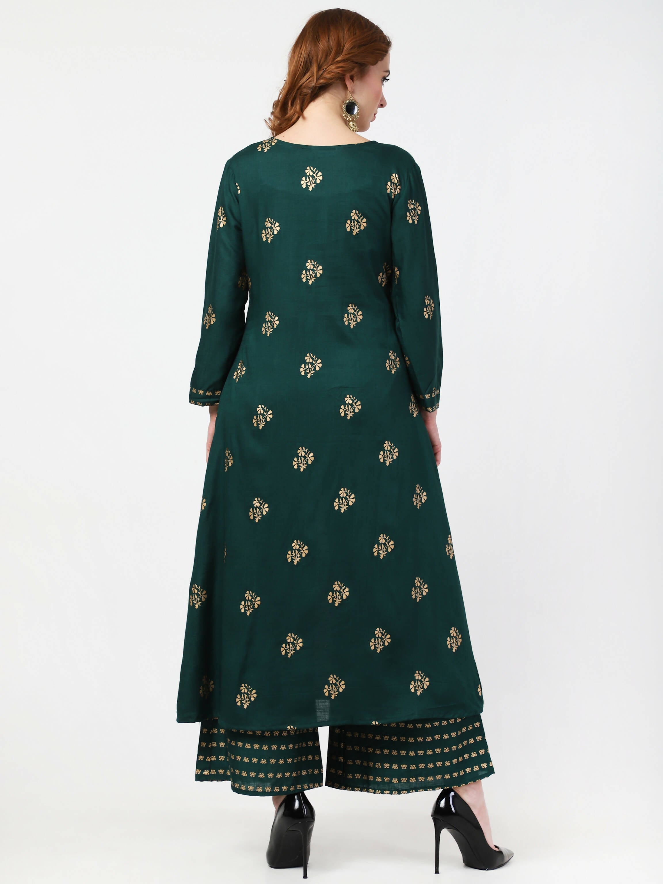 Cheera Embellished Daily Wear Cotton Blend Kurta With Palazoo - Bottle Green | Grocsy
