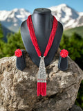Inhanns Day-To-Dinner Tie Shaped Oxidized Black Metal Multi-Layered Long Necklace Set - Red | Grocsy