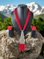 Inhanns Day-To-Dinner Tie Shaped Oxidized Black Metal Multi-Layered Long Necklace Set - Red | Grocsy