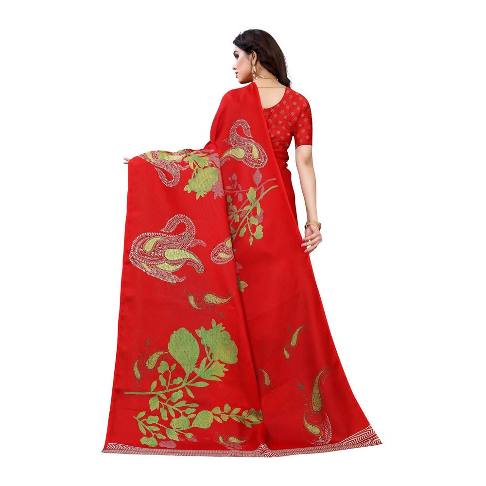 Vamika Printed Jute Silk Red Saree (Leo Red) | Grocsy