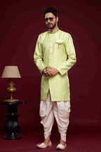Raivat Ethnic Banarasi Jacquard Embroidery Semi Indo Western Sherwani In Pista Green Colour | Grocsy