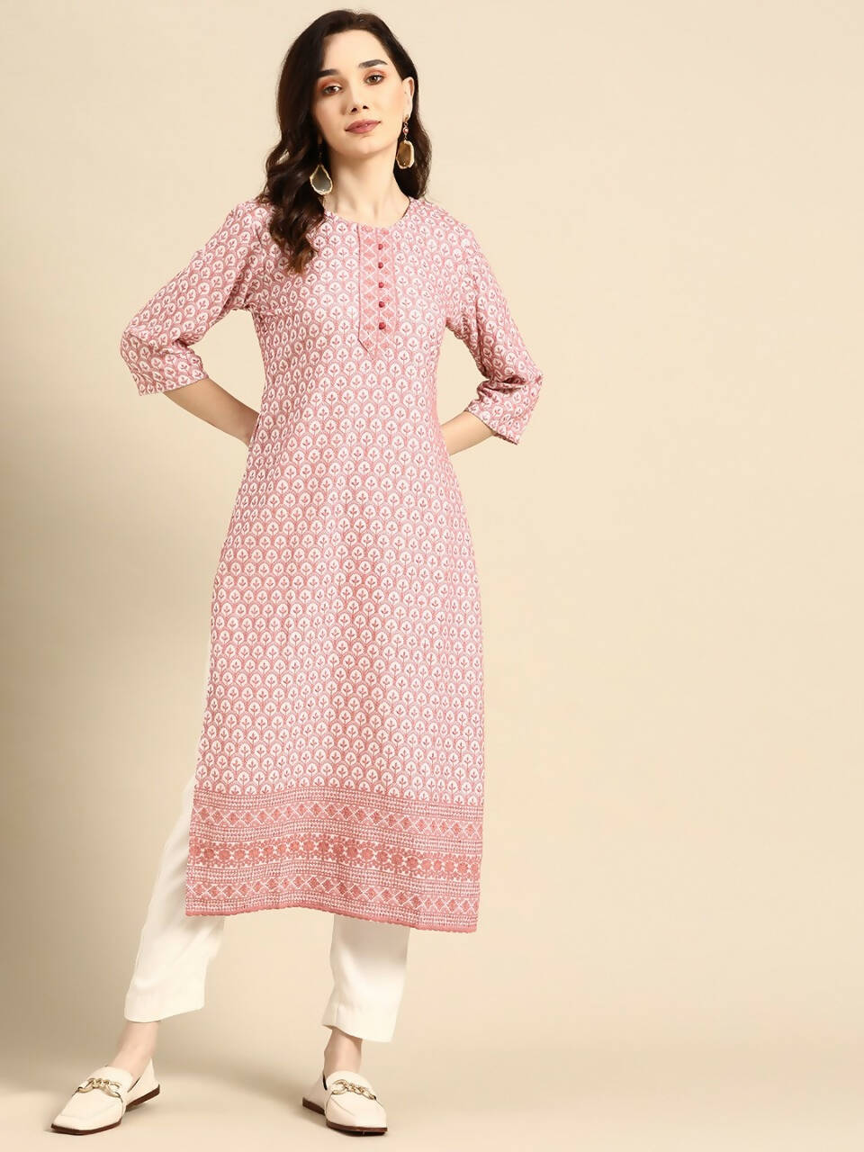 Deeps women's Pink Embroidered Rayon Kurta | Grocsy