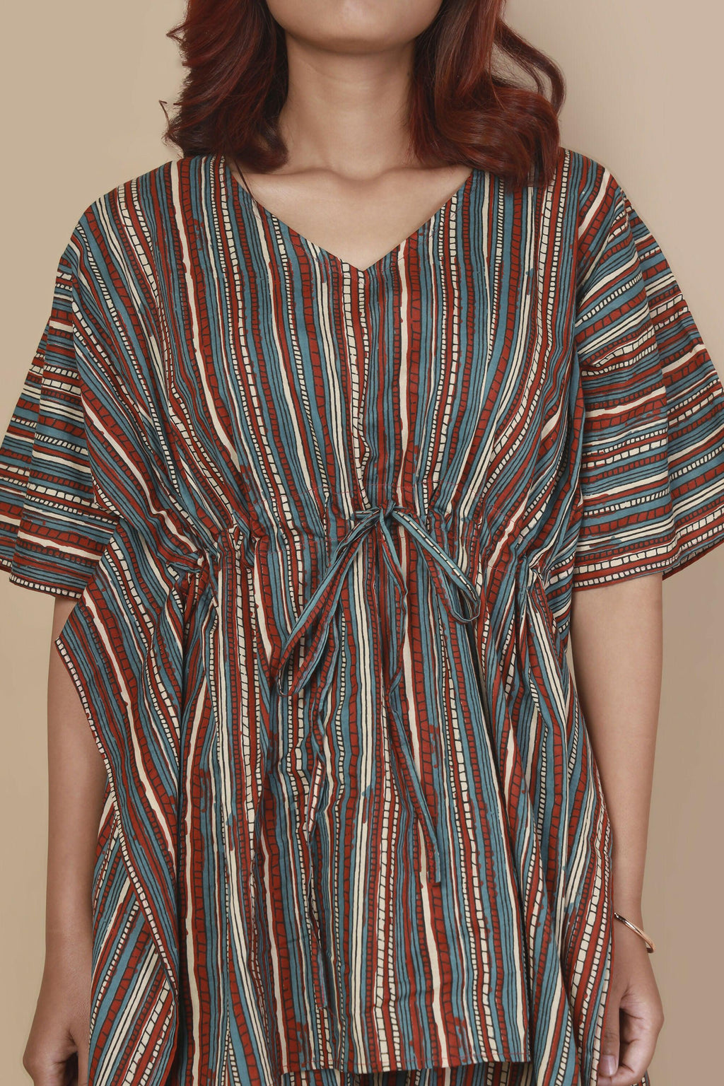 Breathables Women’S Loungewear Kaftan Cotton Aqua Blue Stripes Print Co-Ord Set | Grocsy