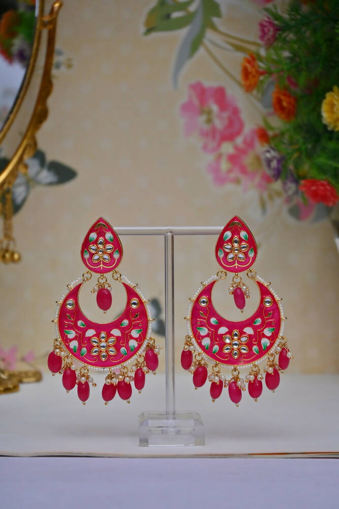 Gold-Polished Brass & Pearl Dangle Women Pink Hand Painted Meenakari Chandbali Earrings By House of Ree - Swadesiicart