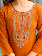 The52 Rust Women's Gorgeous Embroidered work Rayon Fabric Straight Kurta, Pant and Dupatta Set | Grocsy