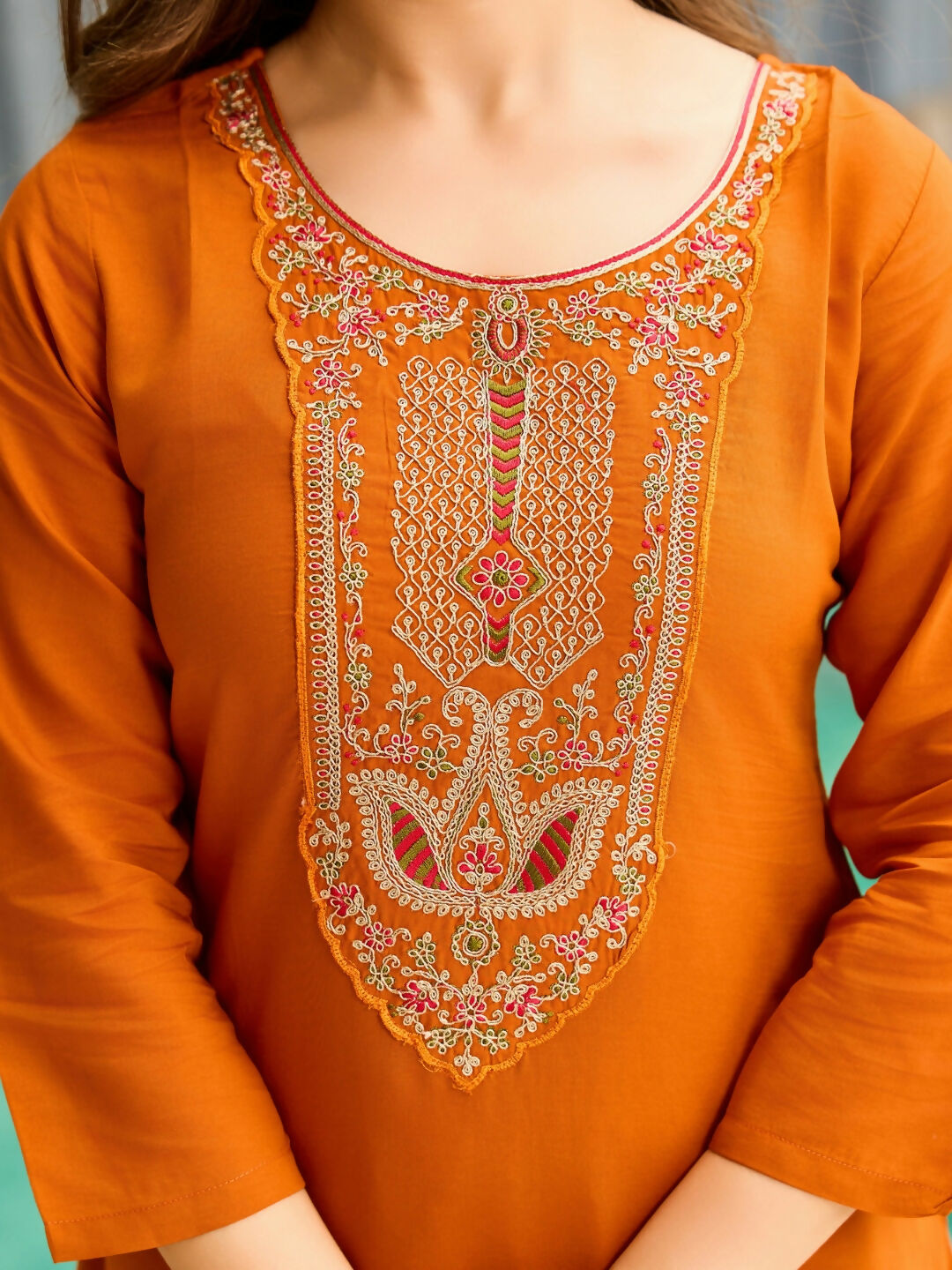 The52 Rust Women's Gorgeous Embroidered work Rayon Fabric Straight Kurta, Pant and Dupatta Set | Grocsy