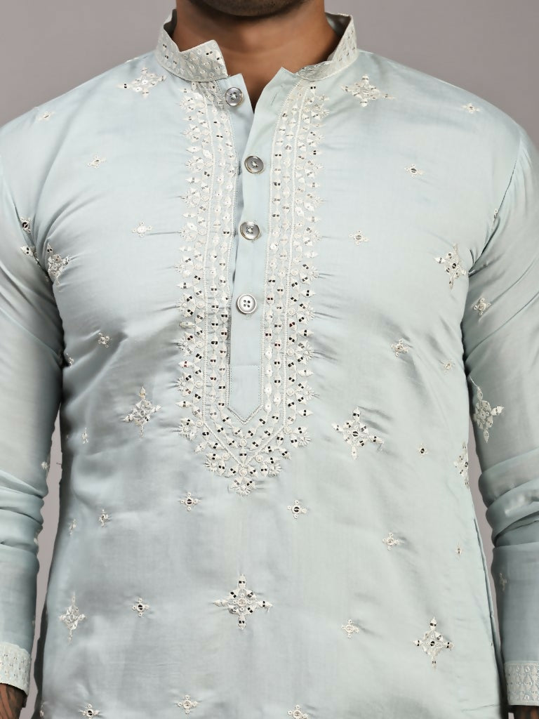 Light Blue Silk Designer Embroidery Work Men's Rajwadi Kurta Set - Mahotsav | Grocsy